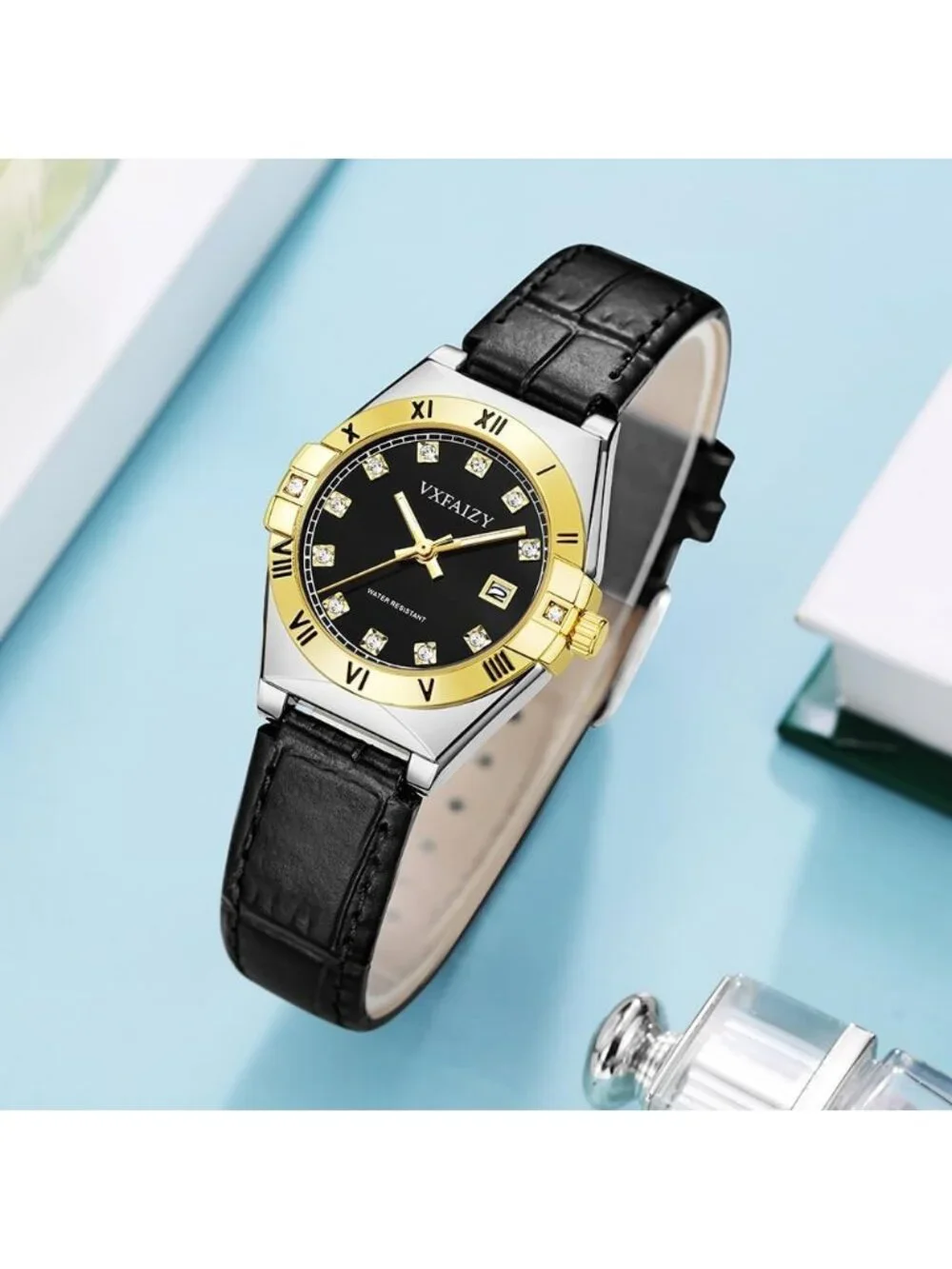 Women's Silver Black Crystal Diamond Dial Genuine Leather Strap Wrist Watches